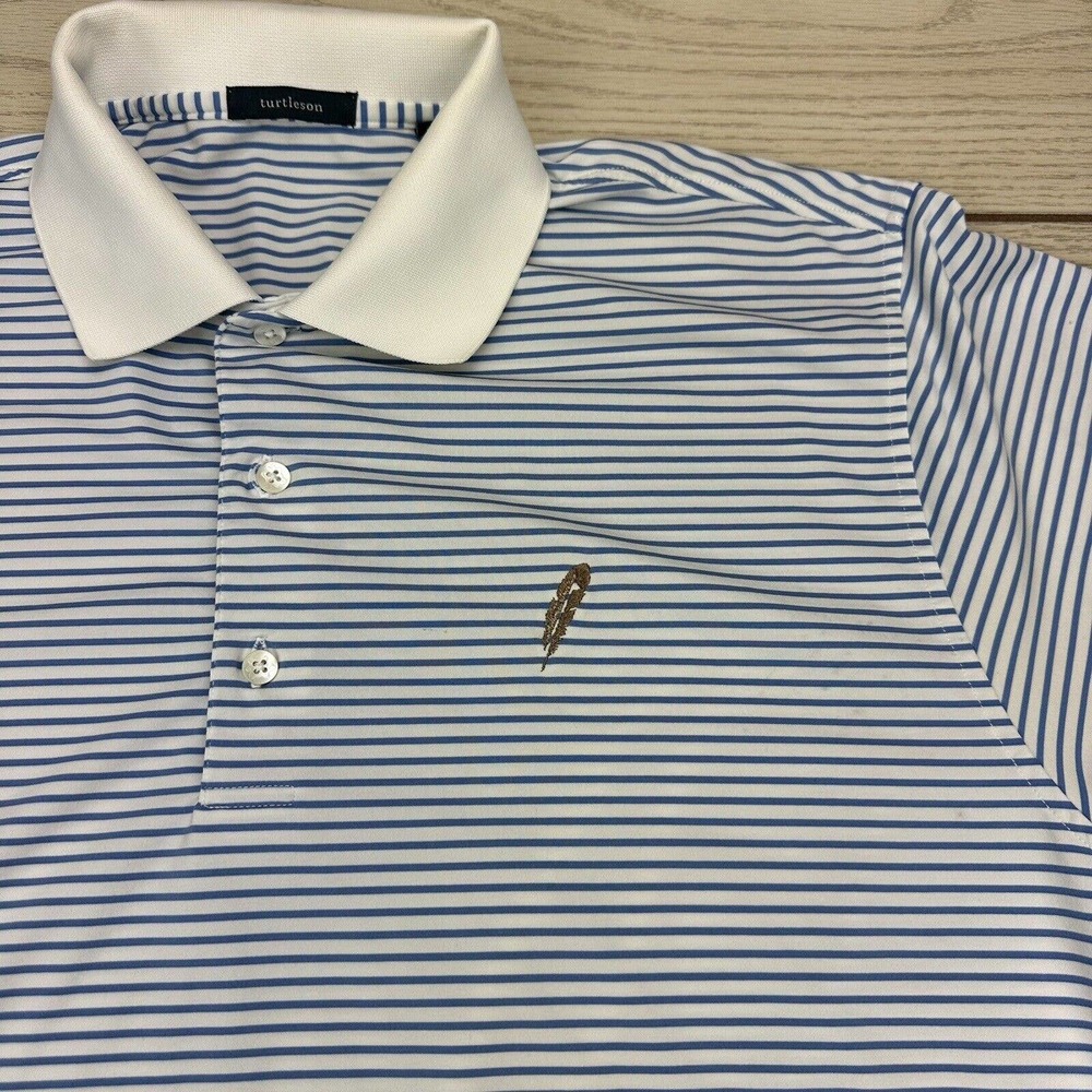 TurtleSon Men’s Blue & White Striped Polo with White Contrast Collar